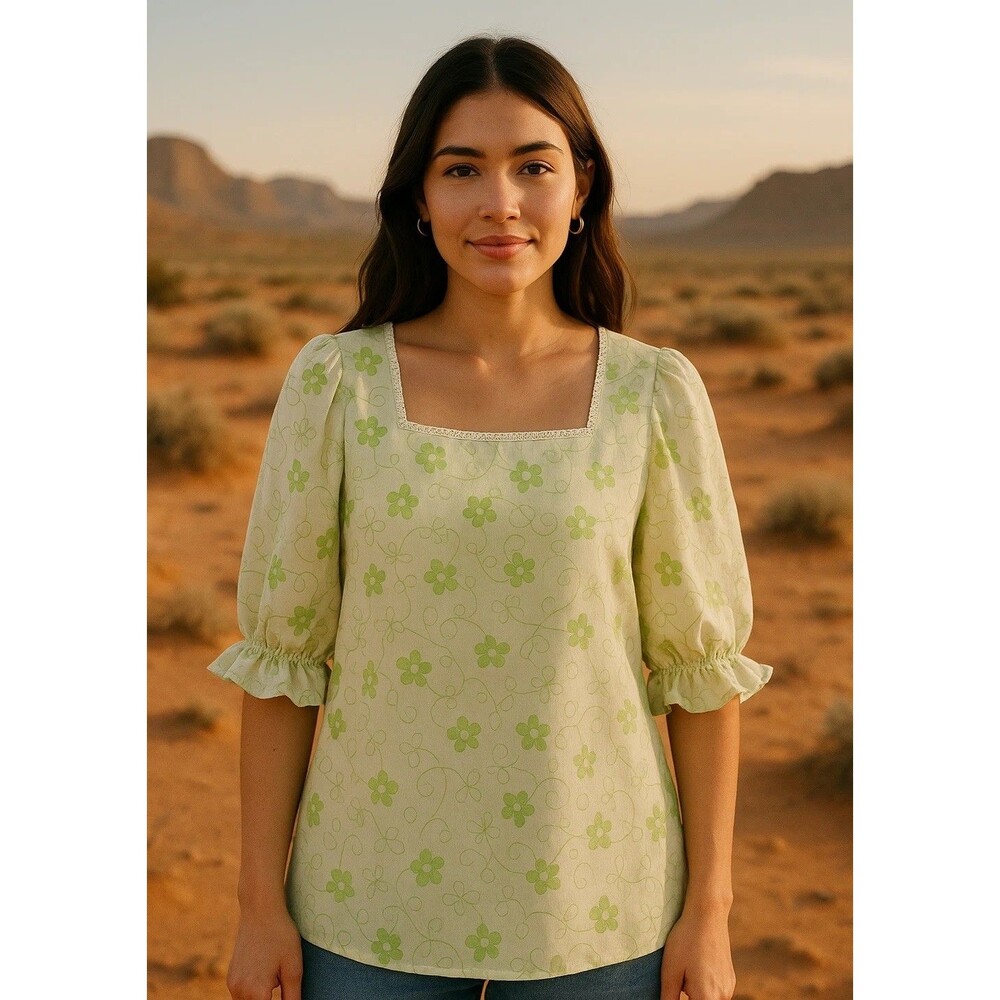 NEW Polagram Shirt Womens Medium Green Romantic Retro Floral Embroidered Top